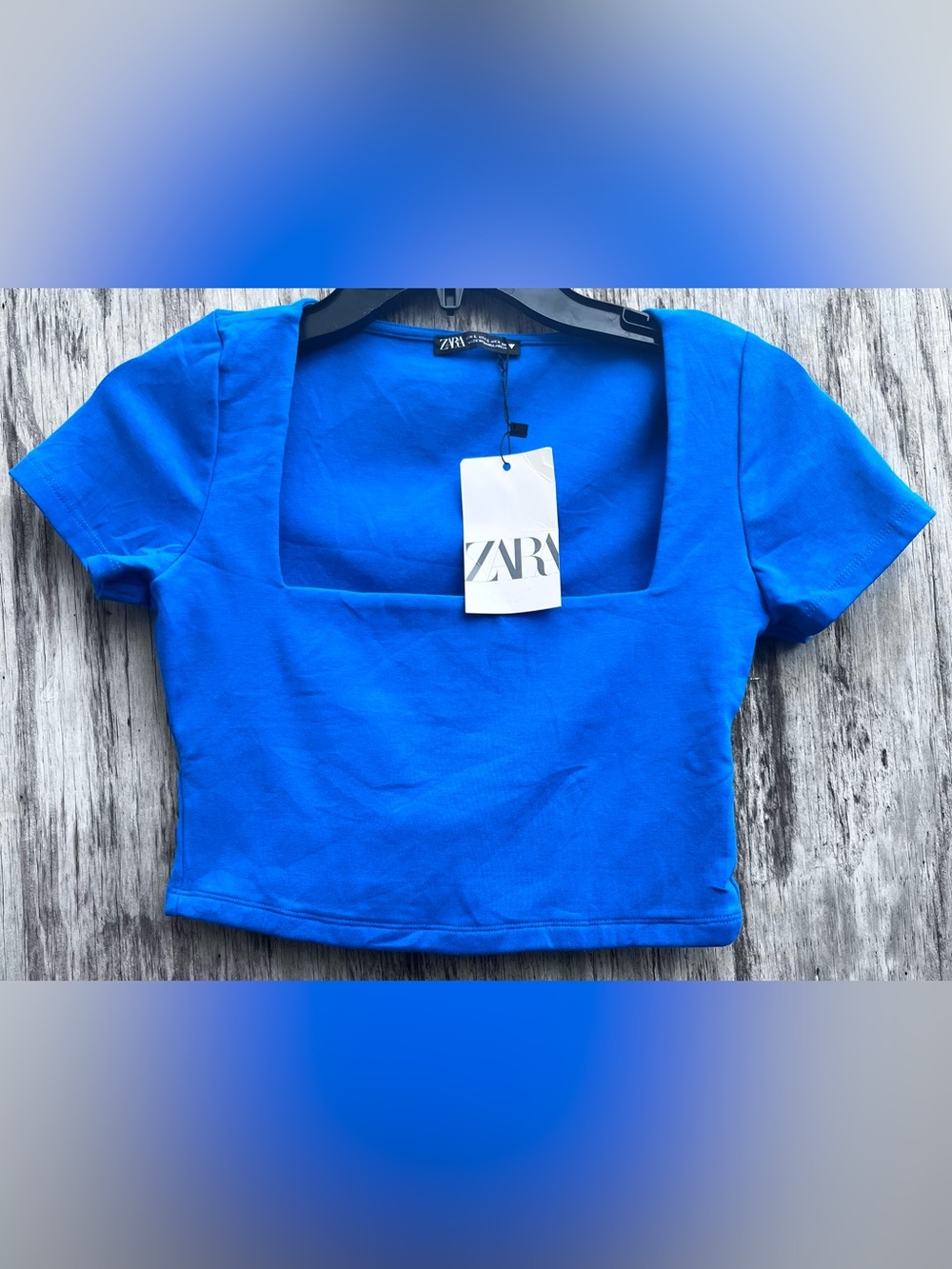 ZARA Blue Square Neck Short Sleeve Knit Cotton Crop Top Women's Size L